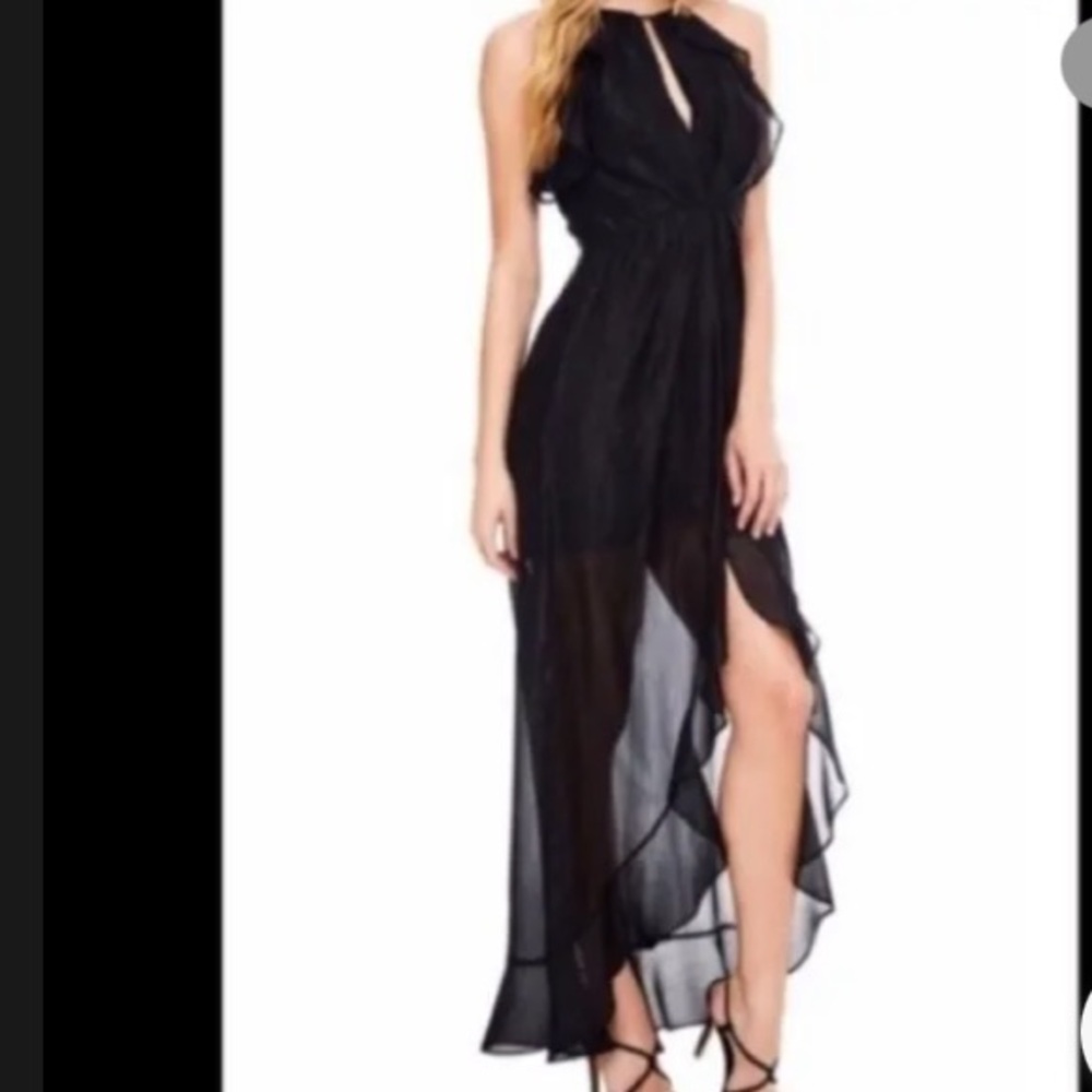 ASTR the Label Arielle Ruffle Full Length Evening Gown Black Shimmer Medium 6-8